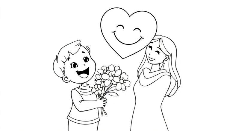 Placa de color: un niño feliz regalando un ramo de flores a su mamá, con un gran corazón sonriente flotando arriba. ¡Feliz Día de la Madre!