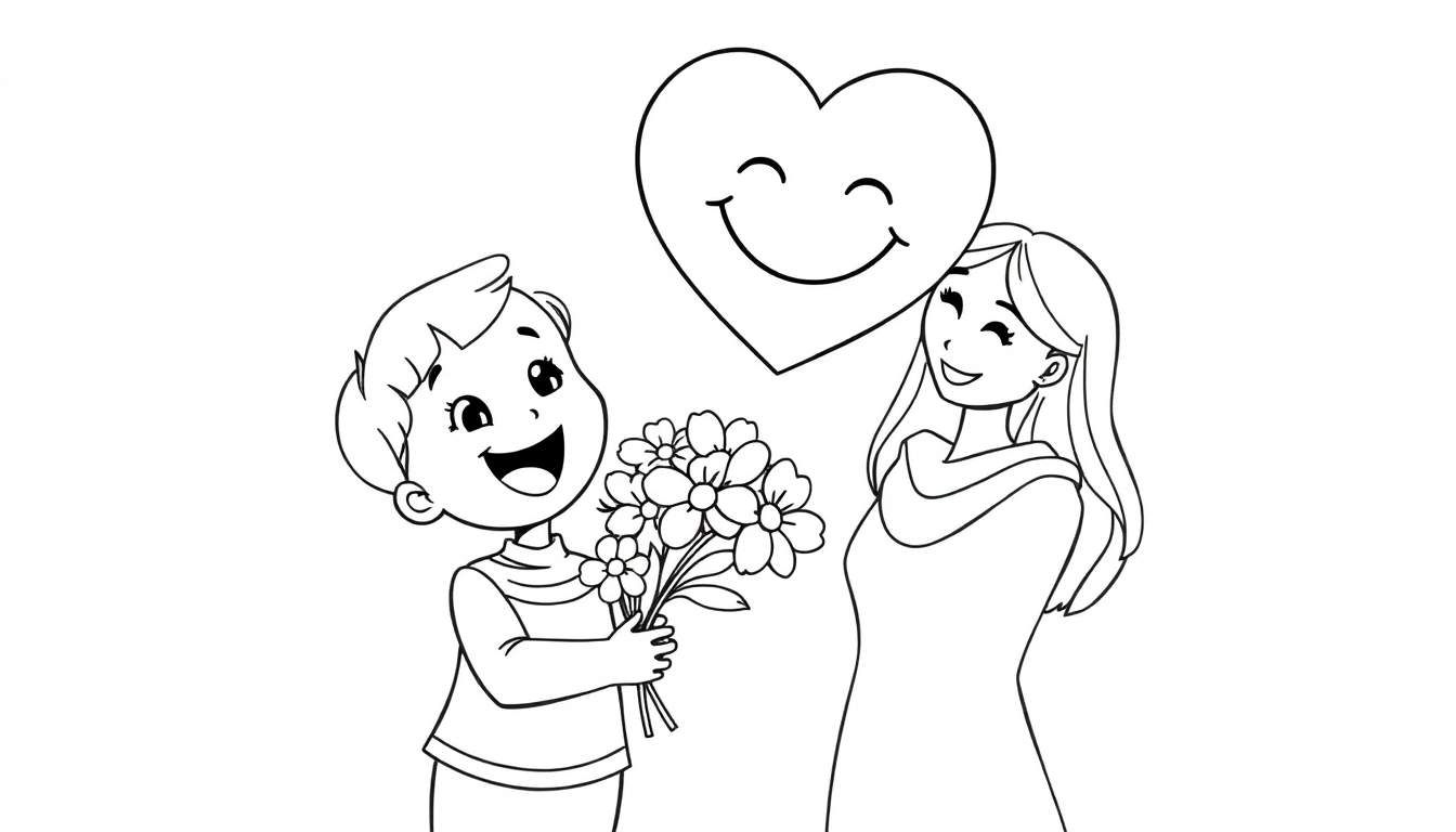 Placa de color: un niño feliz regalando un ramo de flores a su mamá, con un gran corazón sonriente flotando arriba. ¡Feliz Día de la Madre!