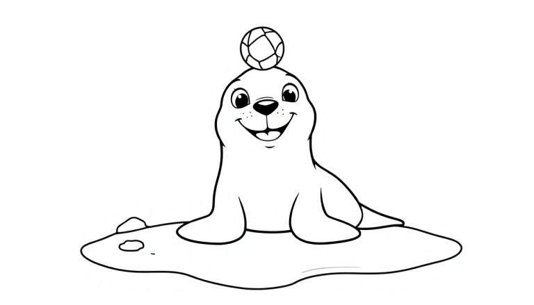 Placa de color: foca de dibujos animados jugando con una pelota en la cabeza.