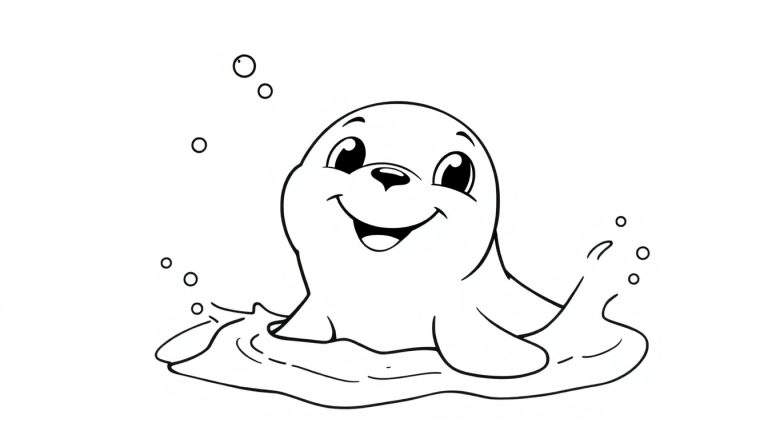 Placa de color de una foca sonriente nadando en burbujas.