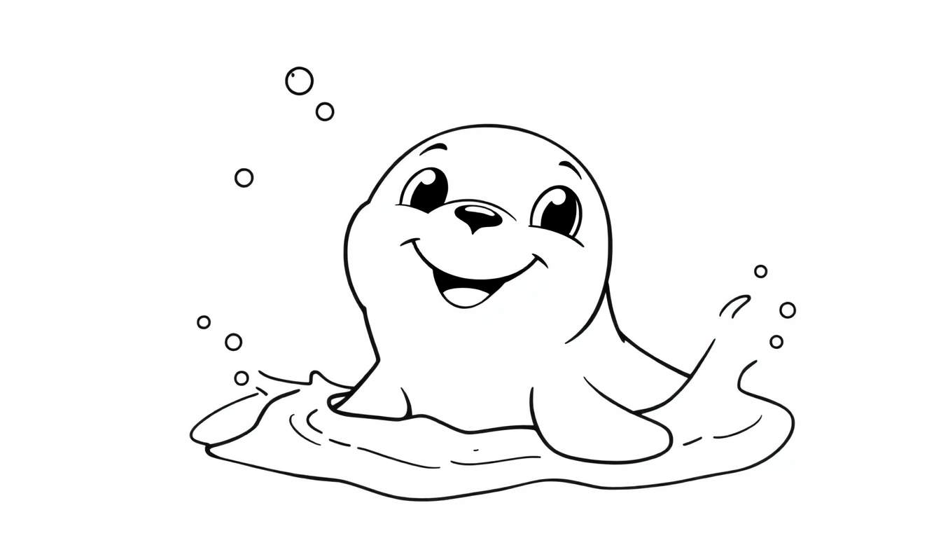 Placa de color de una foca sonriente nadando en burbujas.
