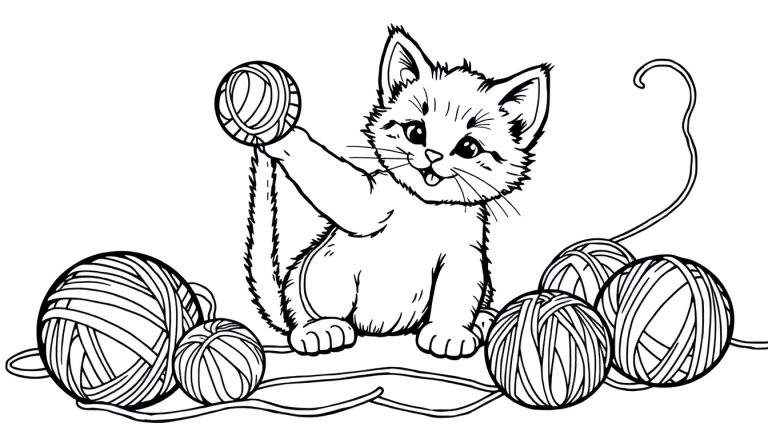 Placa de color de un gatito juguetón con ovillos de lana.