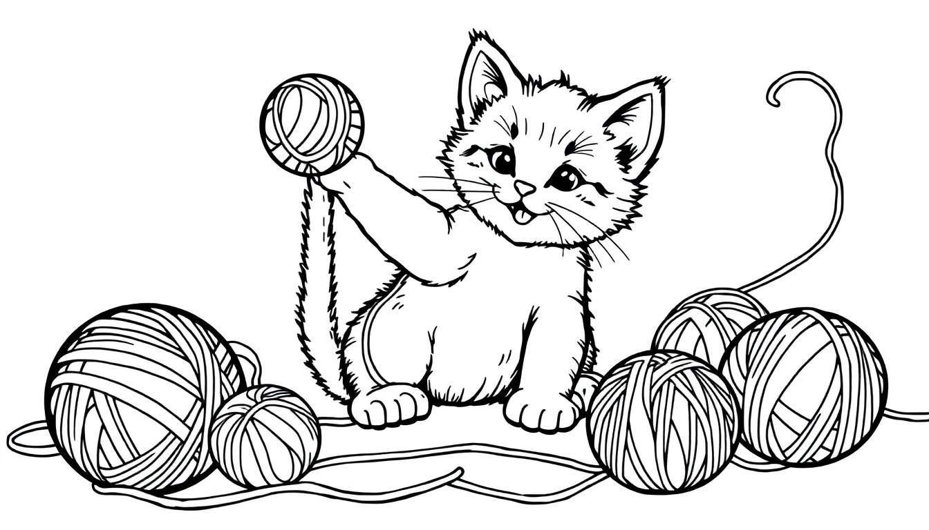 Placa de color de un gatito juguetón con ovillos de lana.