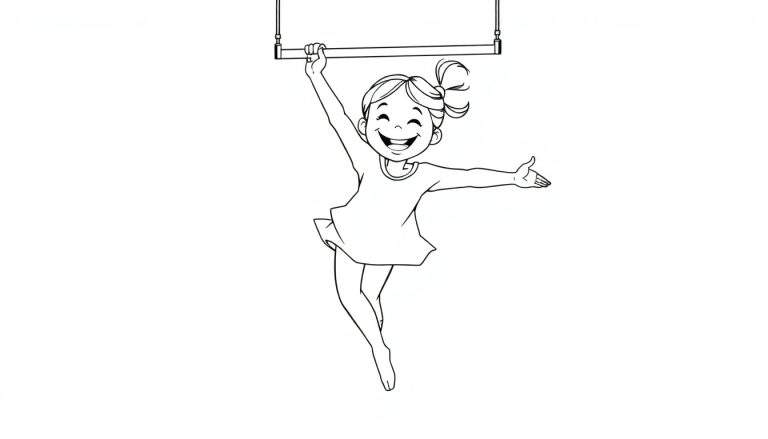 Placa de color: Niña sonriente haciendo gimnasia aérea en un trapecio.