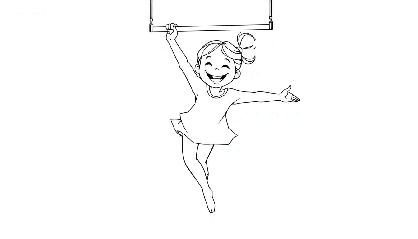 Placa de color: Niña sonriente haciendo gimnasia aérea en un trapecio.