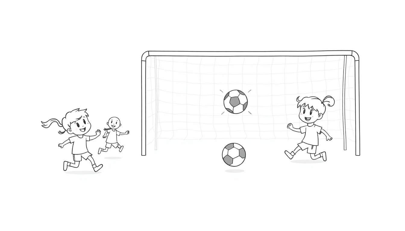 Placa de color: Niños jugando al fútbol, un niño y dos niñas corren hacia la portería con un balón.