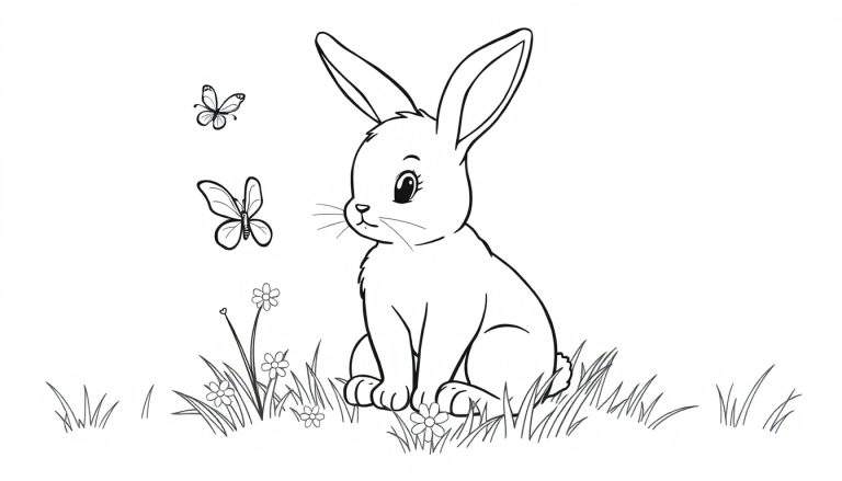 Placa de color: conejito tierno para colorear en la hierba con mariposas y flores.