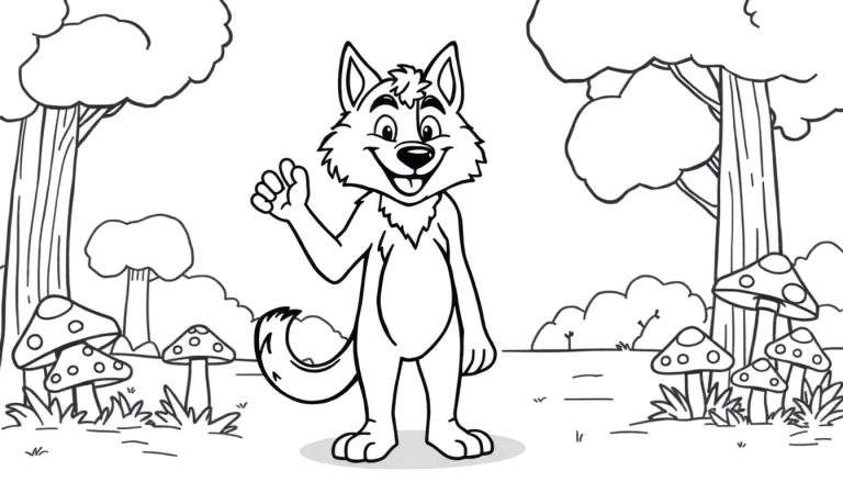 Placa de color de un lobo amigable saludando en el bosque.