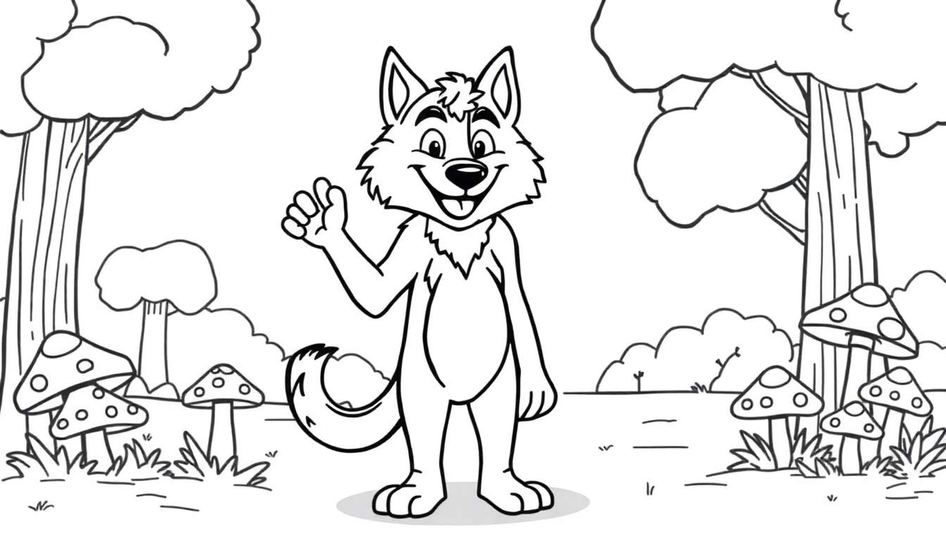 Placa de color de un lobo amigable saludando en el bosque.