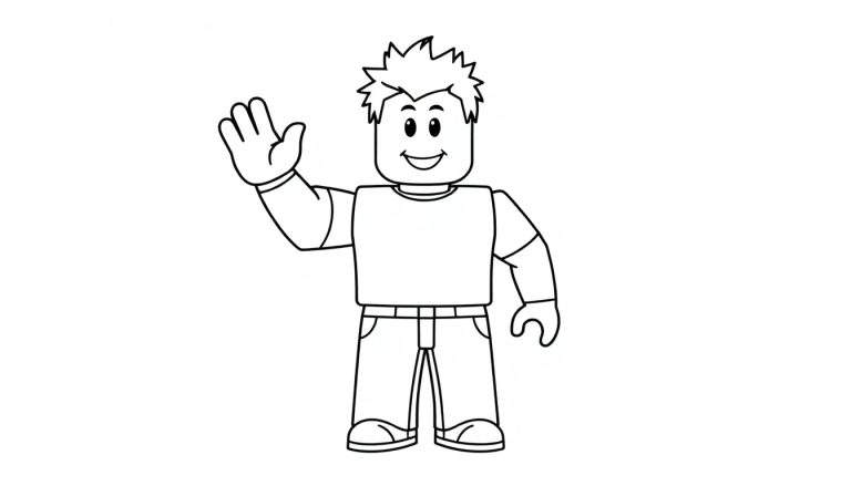 Un personaje de Roblox en blanco y negro saludando, listo para colorear la placa de color.