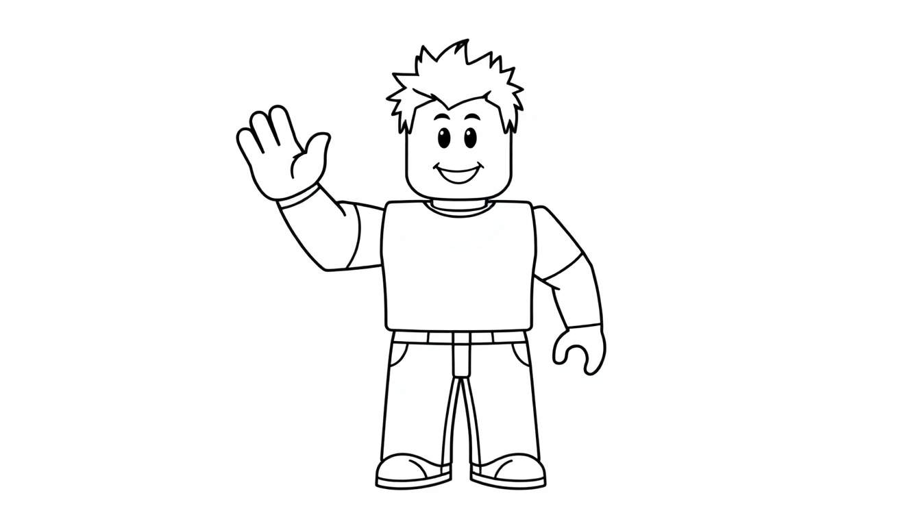Un personaje de Roblox en blanco y negro saludando, listo para colorear la placa de color.