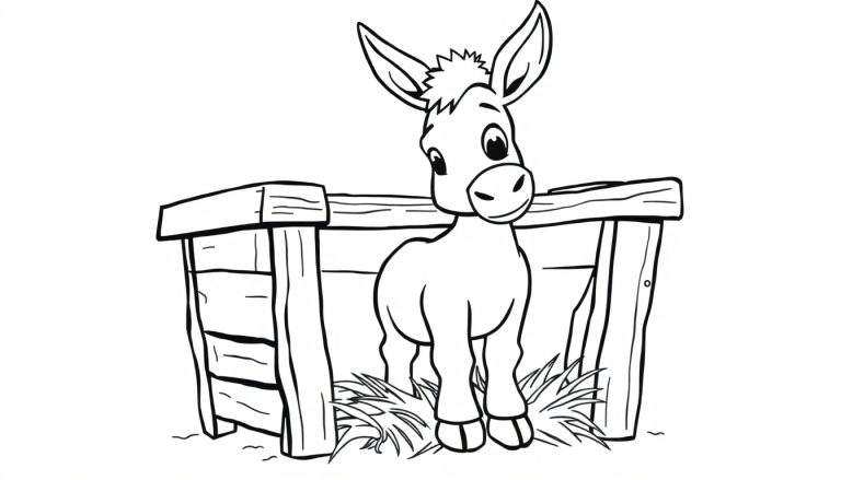 Placa de color: Burro adorable en un pesebre.