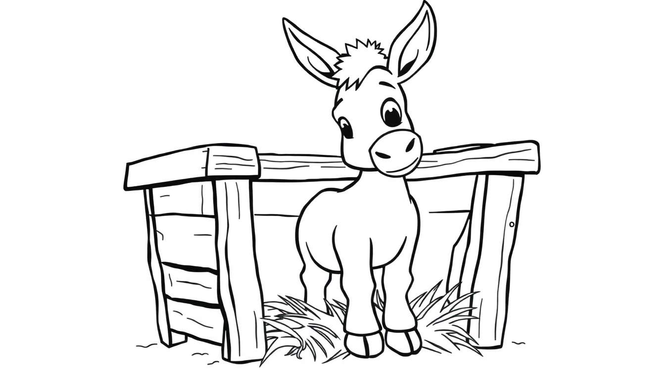 Placa de color: Burro adorable en un pesebre.