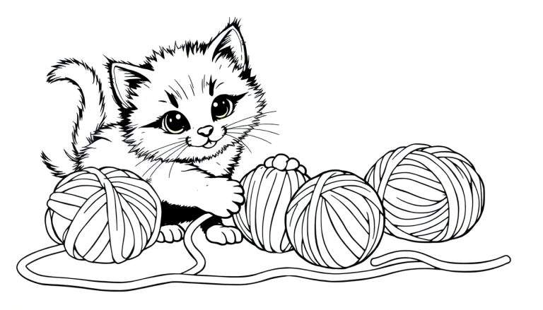 Placa de color: Gatito tierno jugando con ovillos de lana pastel, dibujo lineal.