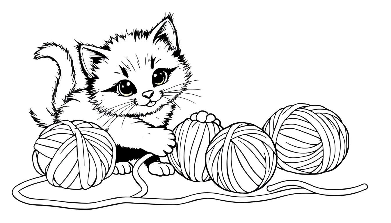 Placa de color: Gatito tierno jugando con ovillos de lana pastel, dibujo lineal.