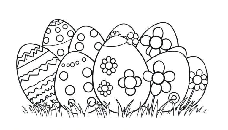 Placa de color con huevos de Pascua decorados con lunares, zig-zags y flores, rodeados de hierba.