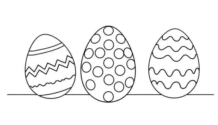 Placa de color de tres huevos de Pascua para colorear, cada uno con patrones distintos, en una línea horizontal.