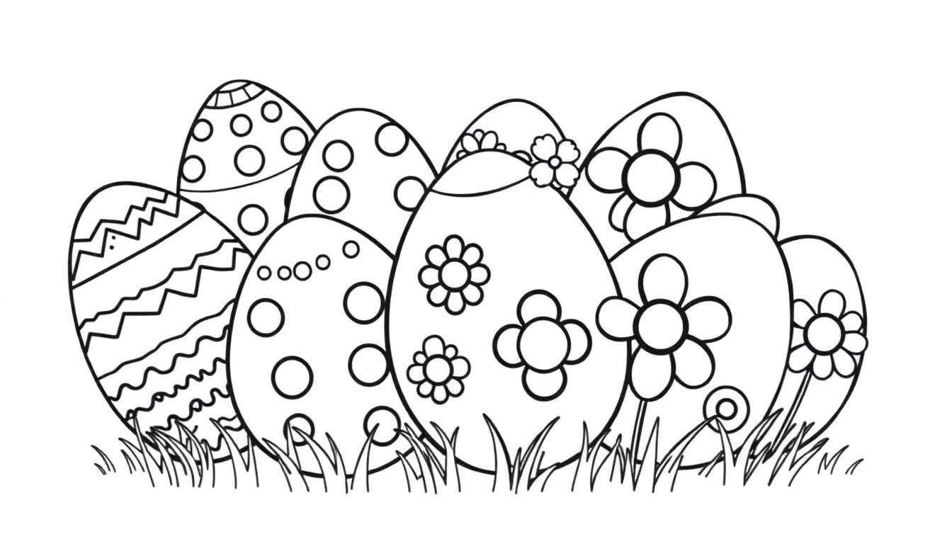 Placa de color con huevos de Pascua decorados con lunares, zig-zags y flores, rodeados de hierba.