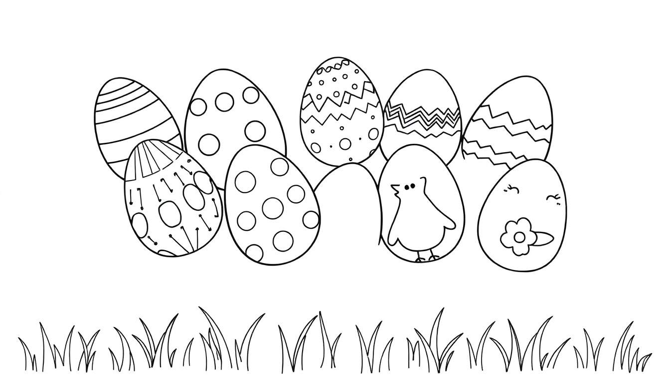 Una placa de color con huevos de Pascua decorados y césped.