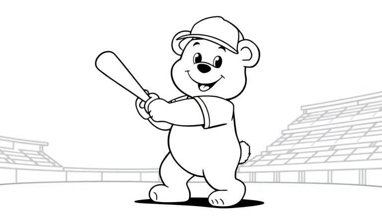Placa de color: oso de peluche de dibujos animados sonriendo con un bate de béisbol en un estadio.