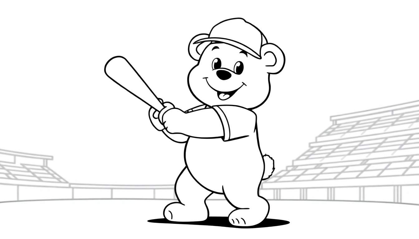 Placa de color: oso de peluche de dibujos animados sonriendo con un bate de béisbol en un estadio.