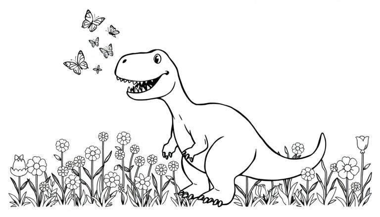 Placa de color de un T-Rex sonriente rodeado de mariposas y flores.
