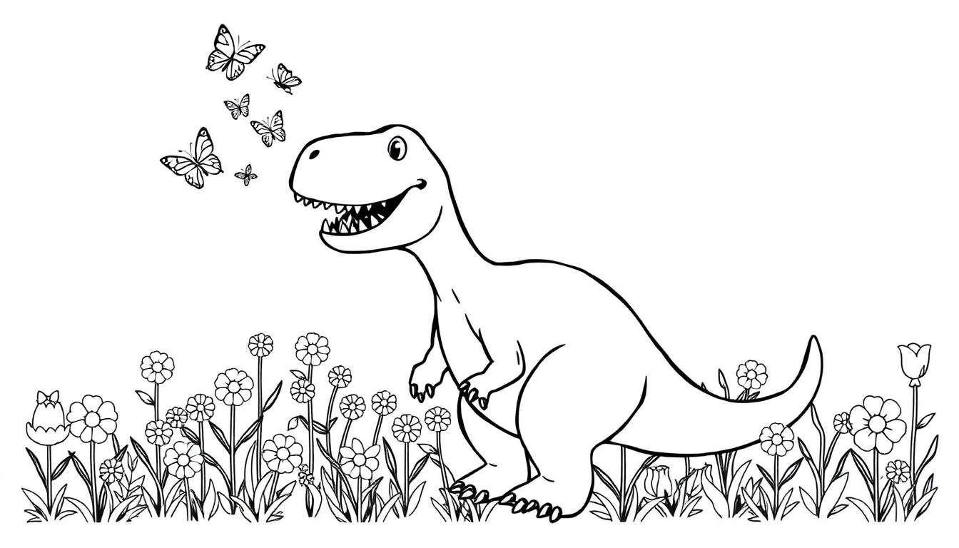 Placa de color de un T-Rex sonriente rodeado de mariposas y flores.