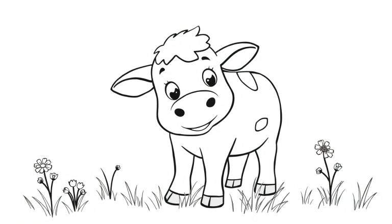 Una ternera en blanco y negro con manchas, lista para ser coloreada, con expresión feliz.