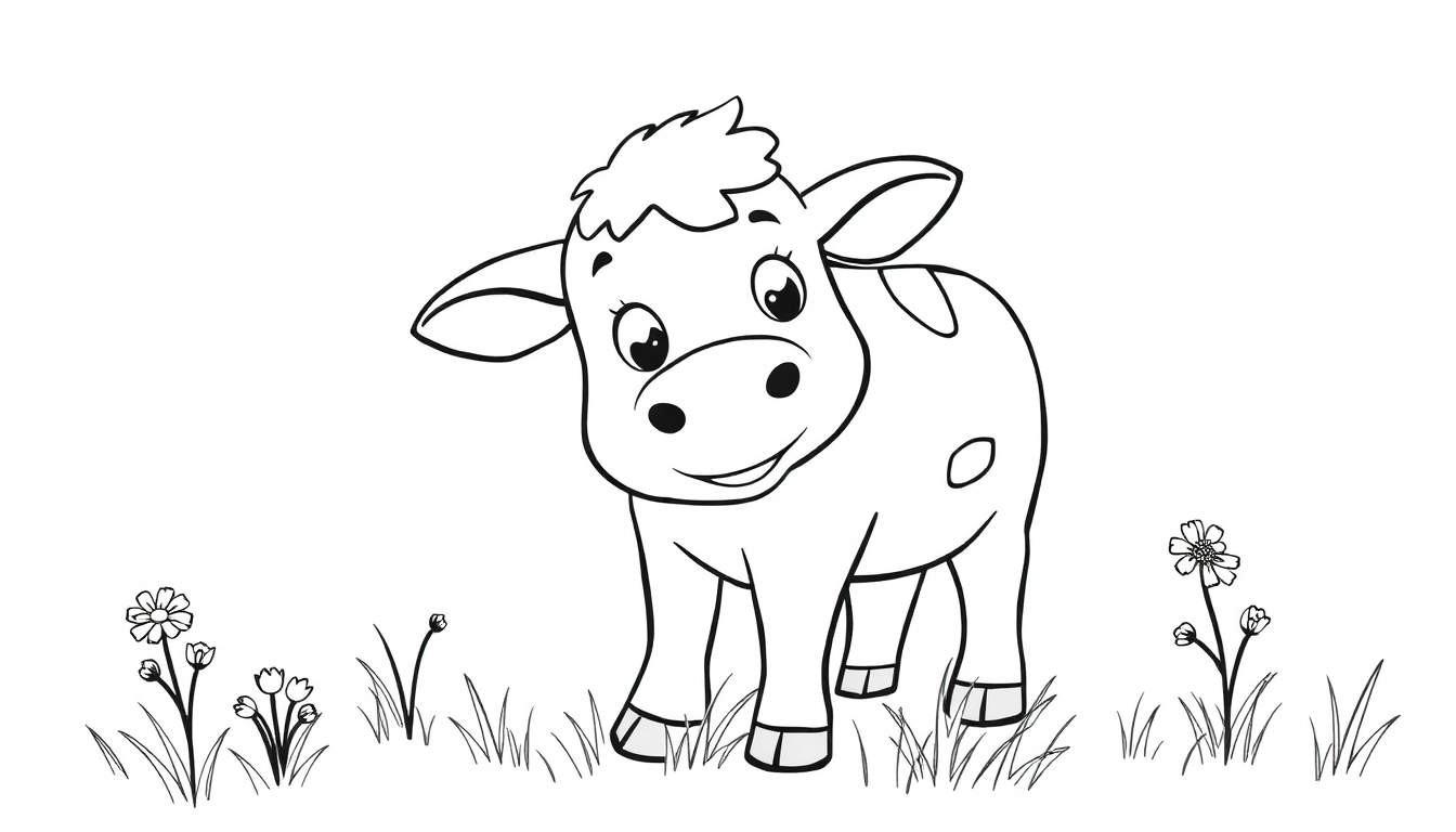 Una ternera en blanco y negro con manchas, lista para ser coloreada, con expresión feliz.