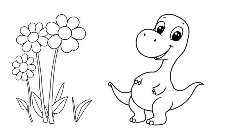 Placa de color: Un dinosaurio bebé sonriente jugando entre flores de colores.