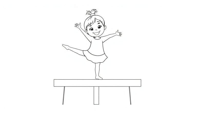 Una placa de color en blanco y negro de una gimnasta sonriendo mientras practica en una viga de equilibrio.