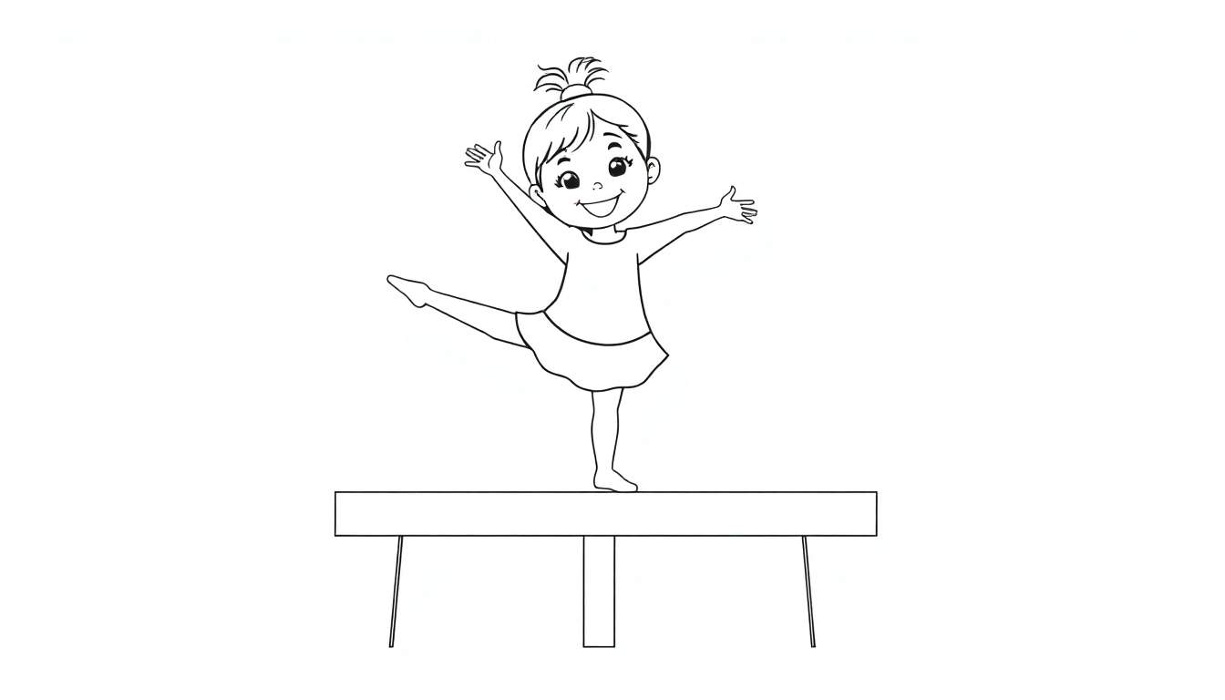 Una placa de color en blanco y negro de una gimnasta sonriendo mientras practica en una viga de equilibrio.