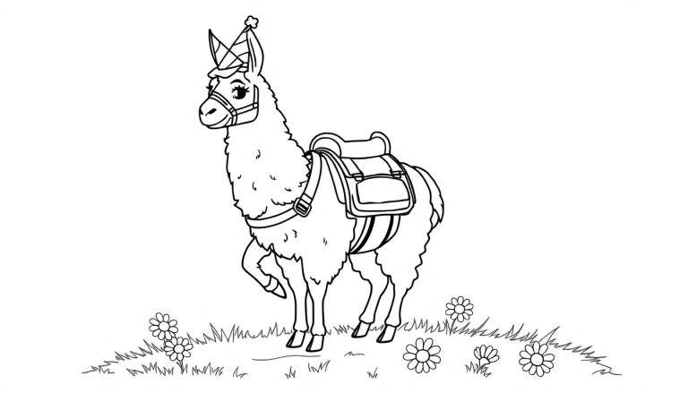 Placa de color: Llama de Fortnite con sombrero de fiesta y mochila.