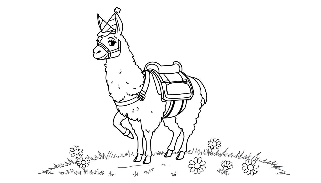 Placa de color: Llama de Fortnite con sombrero de fiesta y mochila.