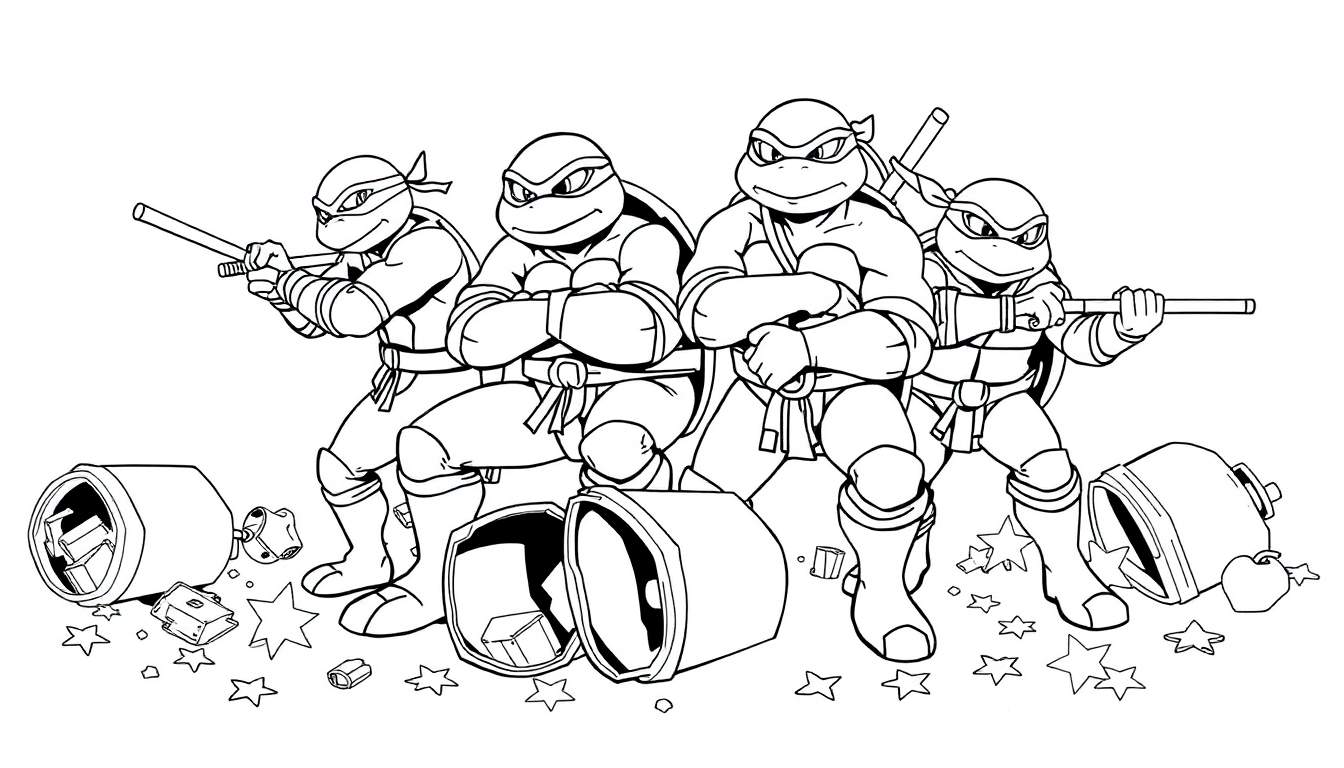 Ilustración en blanco y negro de las Tortugas Ninja Adolescentes Mutantes listas para colorear, con dos de pie y dos sentadas, rodeadas de botes de basura volcados y shurikens.