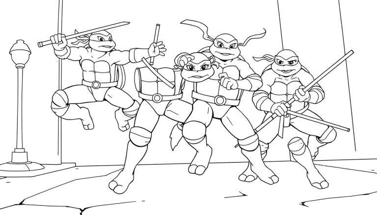 Ilustración lineal en blanco y negro de las Tortugas Ninja listas para colorear, mostrando a Leonardo, Donatello, Michelangelo y Raphael con sus armas.