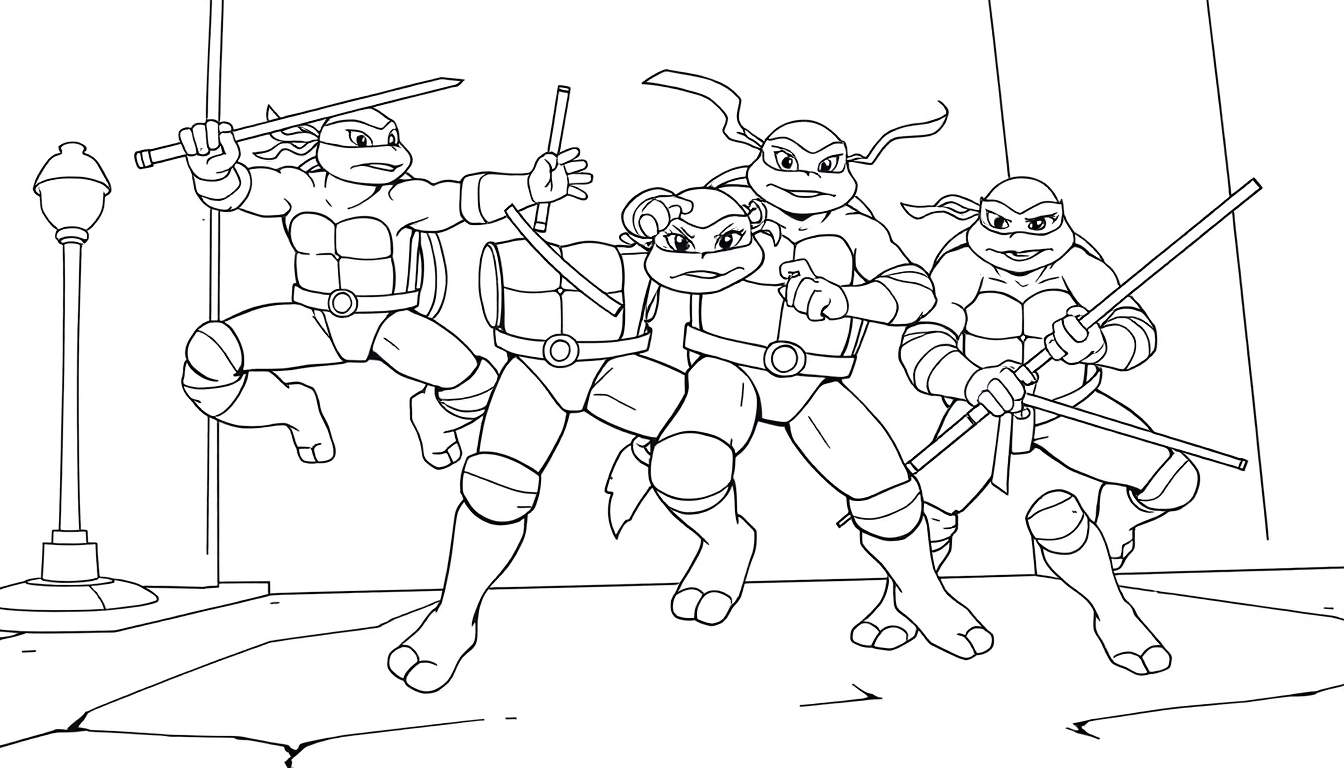 Ilustración lineal en blanco y negro de las Tortugas Ninja listas para colorear, mostrando a Leonardo, Donatello, Michelangelo y Raphael con sus armas.