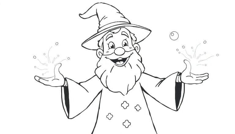 Mago caricaturizado simpático lanzando chispas mágicas, listo para colorear en esta placa de color.