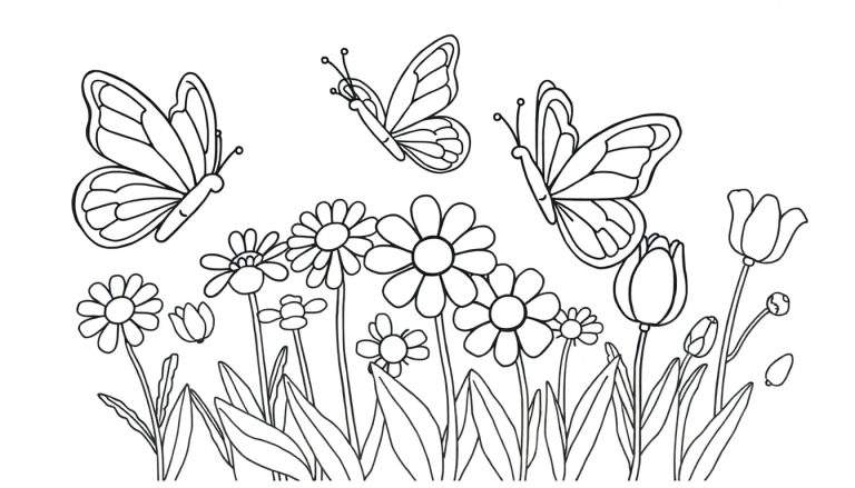 Una página para colorear con tres mariposas revoloteando sobre flores en blanco y negro, invitando a añadir color a esta placa de color.
