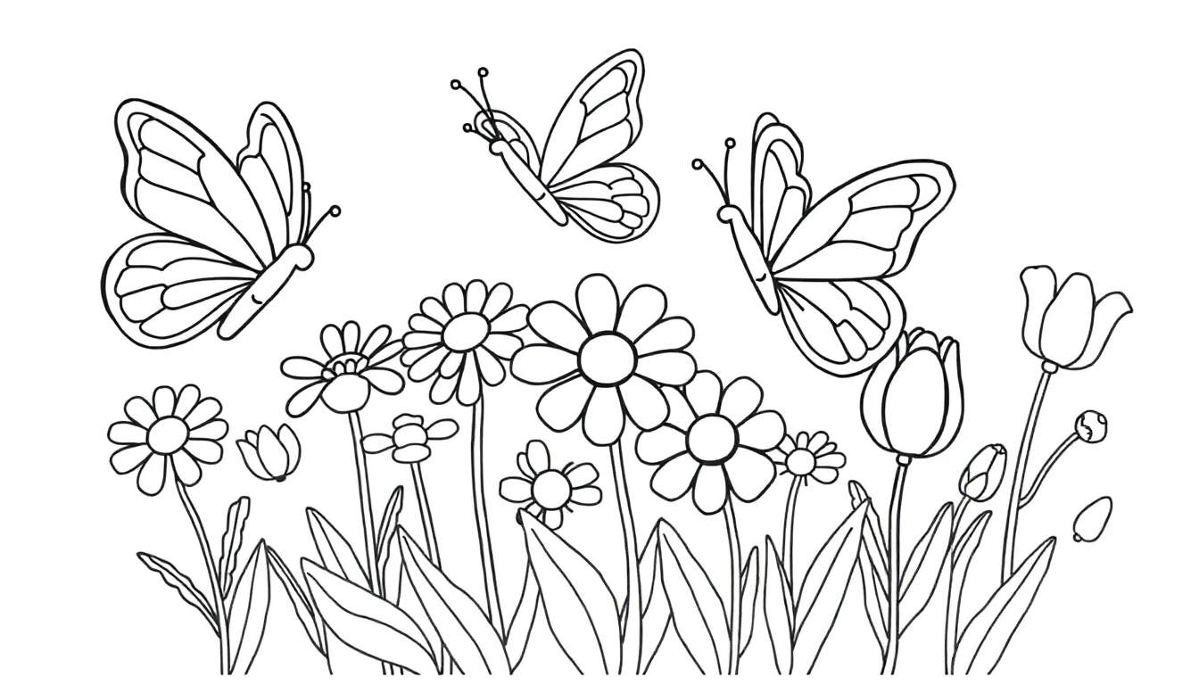 Una página para colorear con tres mariposas revoloteando sobre flores en blanco y negro, invitando a añadir color a esta placa de color.