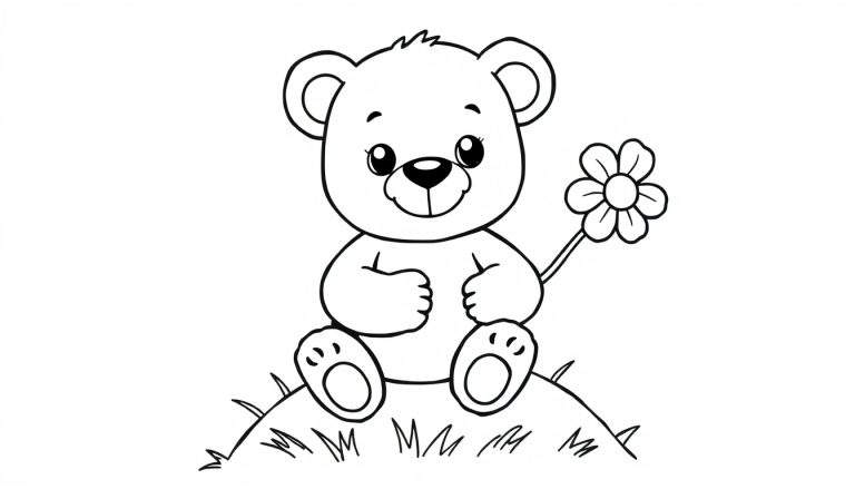 Un adorable oso de peluche sentado sobre un montículo de hierba, listo para colorear en una placa de color.
