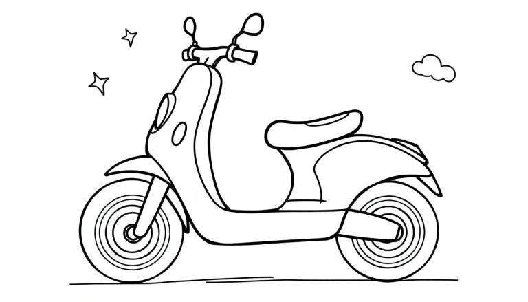 Dibujo lineal de un patinete de dibujos animados listo para colorear, con ruedas grandes y decoración de estrellas y nubes.