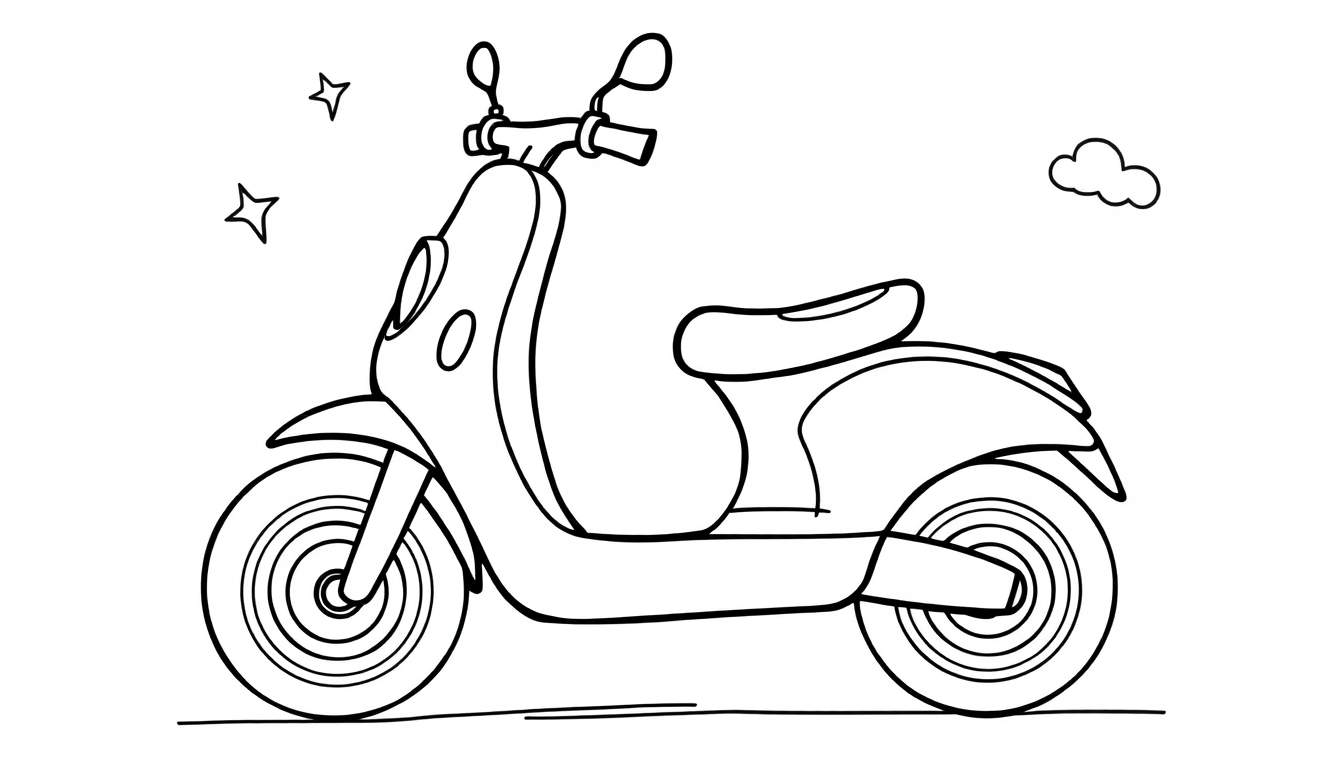 Dibujo lineal de un patinete de dibujos animados listo para colorear, con ruedas grandes y decoración de estrellas y nubes.