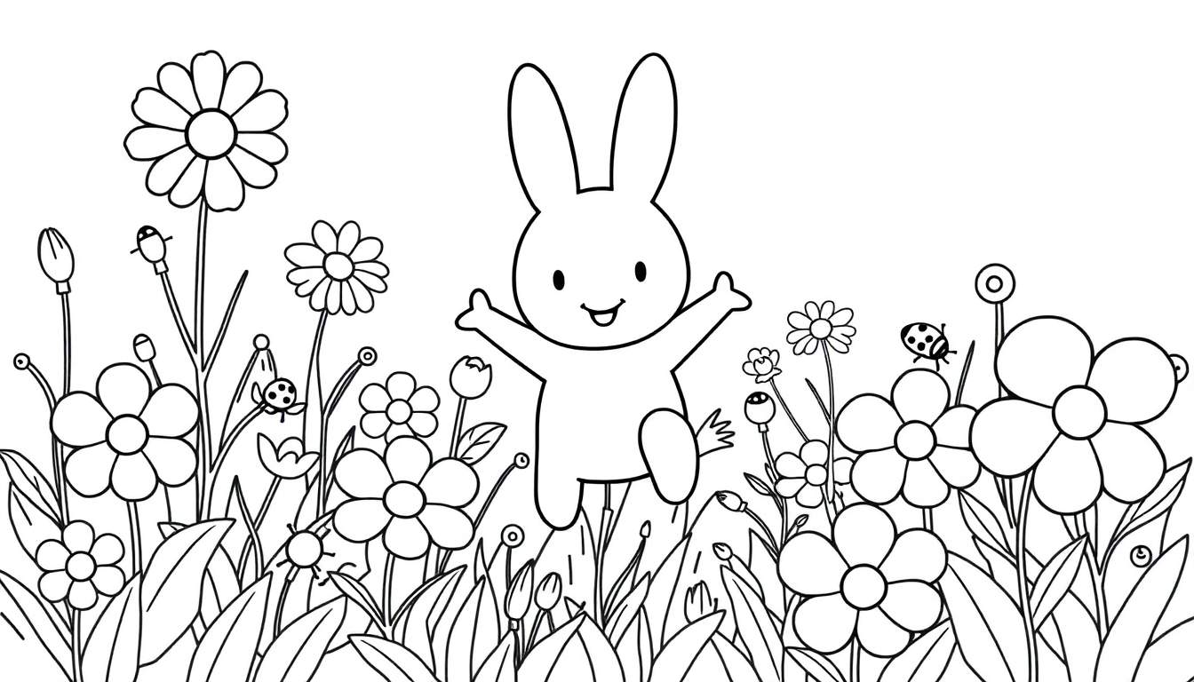 Placa de color de Miffy, un conejo blanco feliz saltando en un campo de flores de colores, página para colorear para niños.