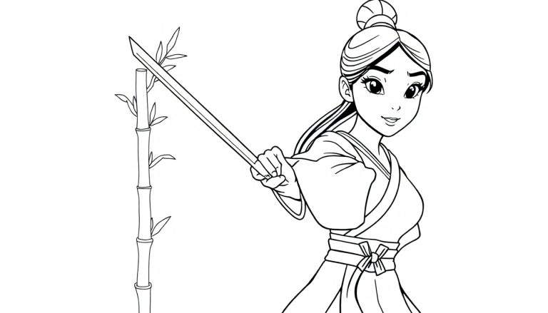 Placa de color de Mulan, una guerrera lista para la acción.