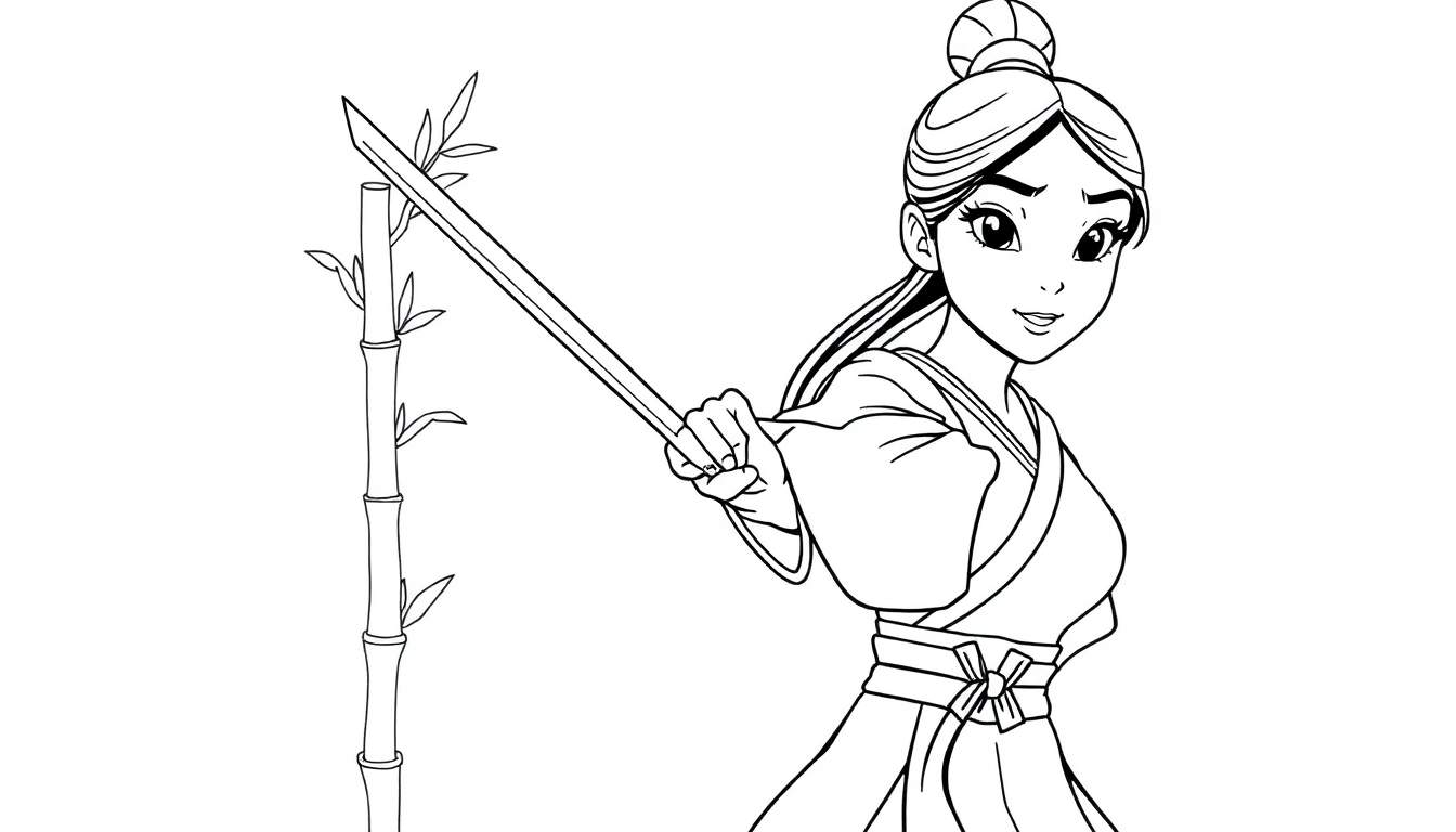 Placa de color de Mulan, una guerrera lista para la acción.