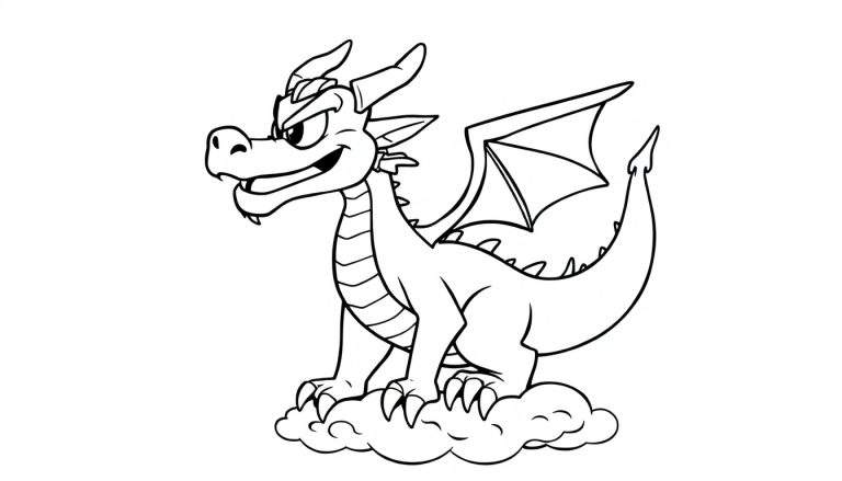 Placa de color: dragón de caricatura negro y blanco con expresión traviesa.