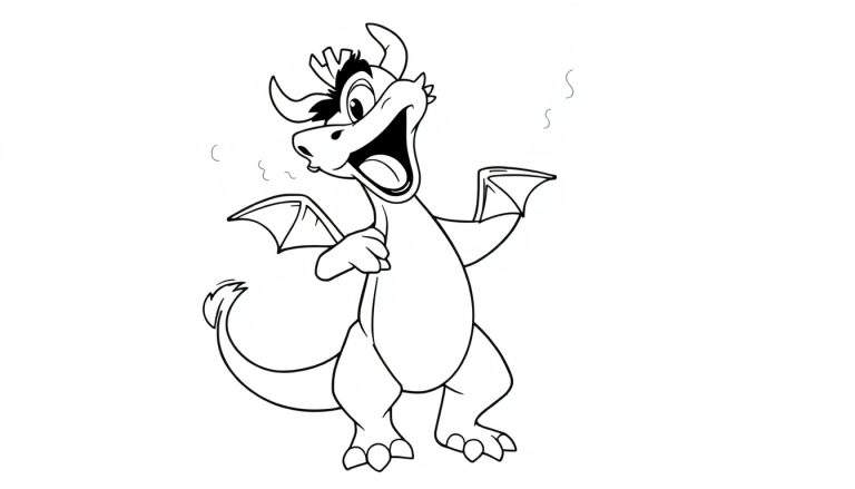 Placa de color de un dragón de dibujos animados alegre y escupiendo