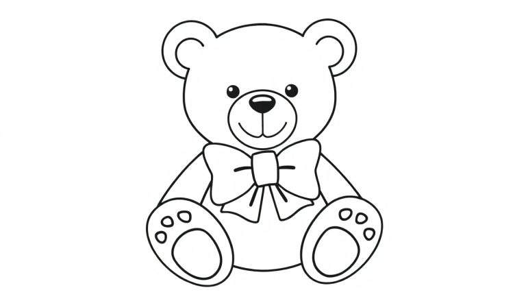 Placa de color de un oso de peluche amigable con un gran lazo en el cuello, listo para ser coloreado.