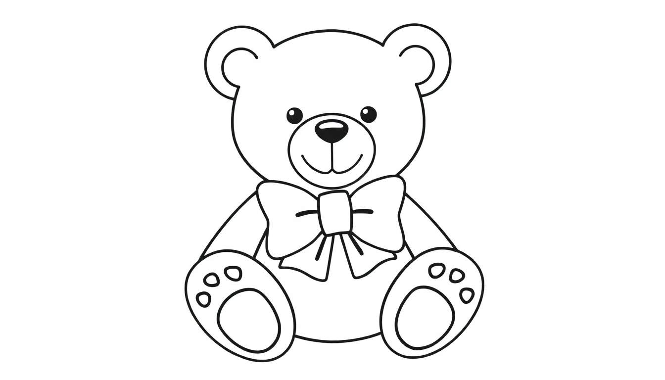 Placa de color de un oso de peluche amigable con un gran lazo en el cuello, listo para ser coloreado.